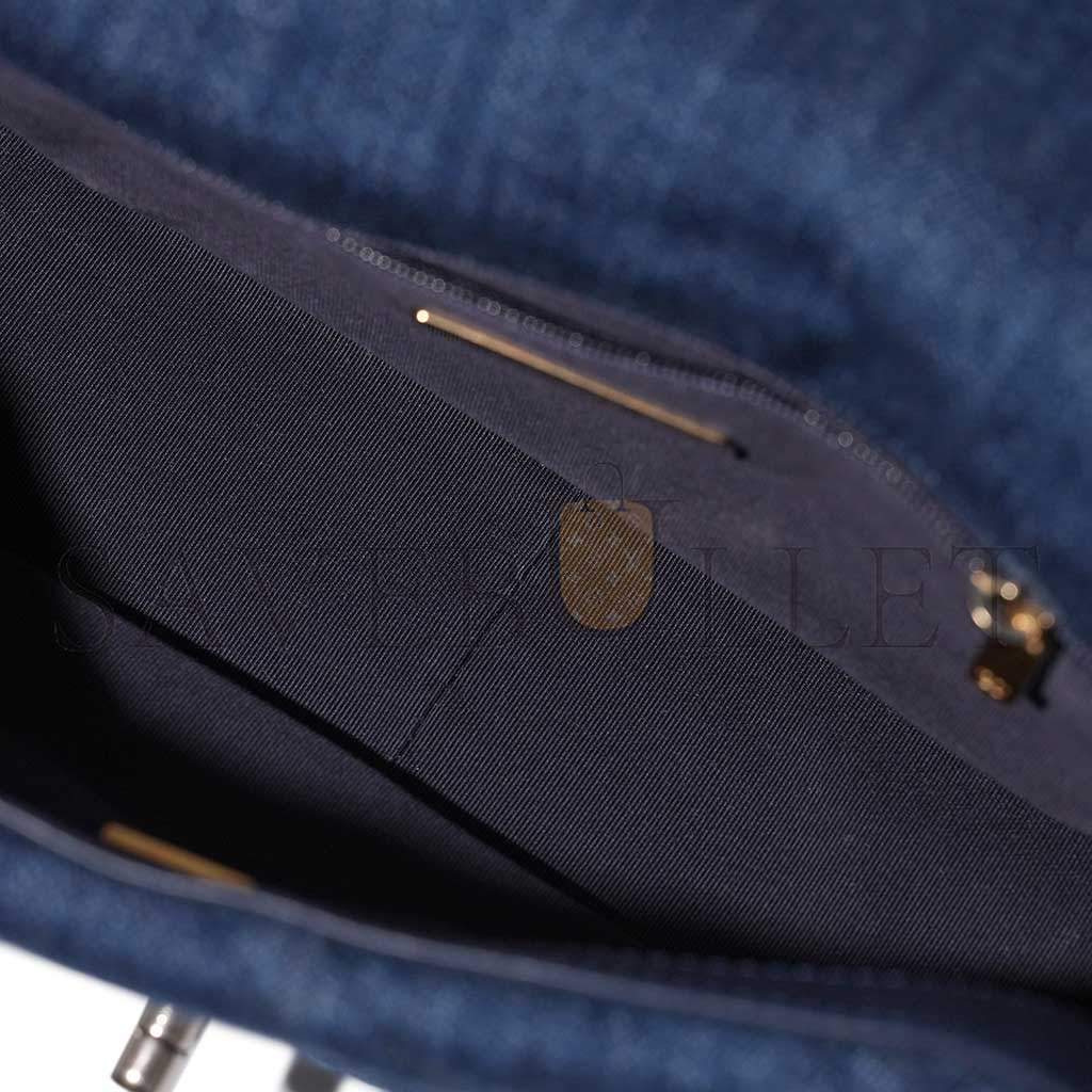 Ch*el blue quilted denim 19 flap bag ruthenium, brushed gold and pale gold hardware as1160 (26*16*9cm)